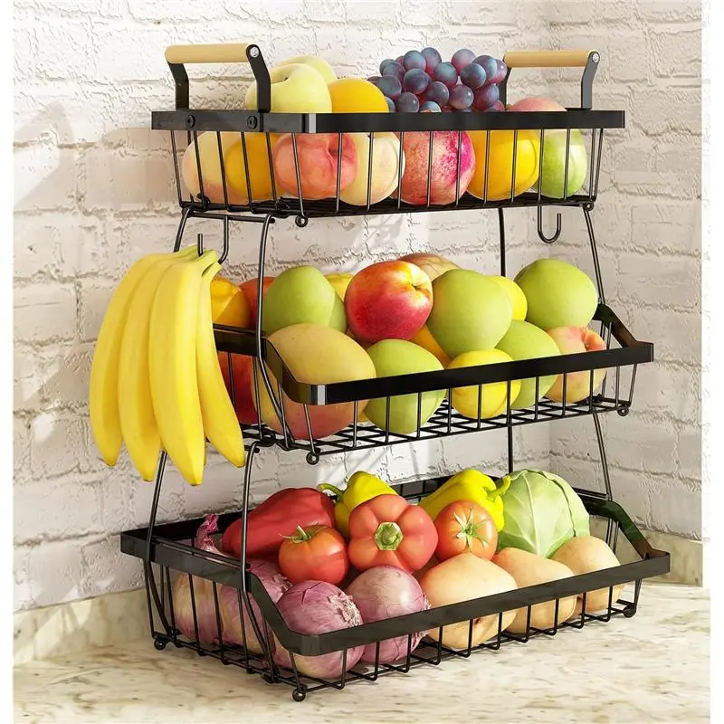 3 Tier Fruit Basket with Banana Hooks, Fruit Bowls Storage for Kitchen Countertop Organization, Metal Bread Fruit Vegetable Basket Stand Holder with Wooden Handle