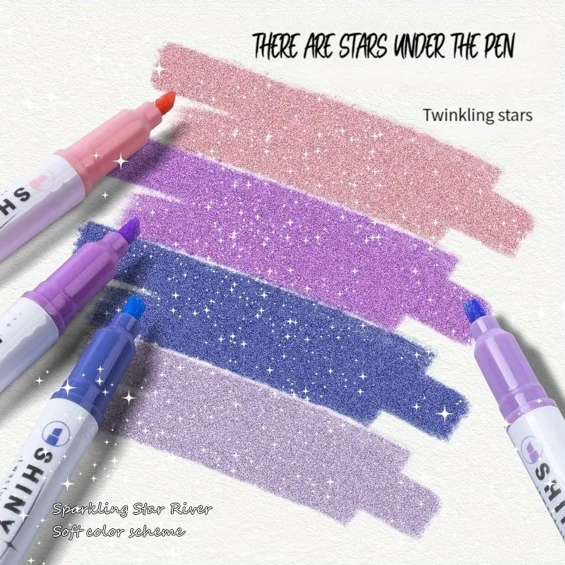 4pcs Glitter Highlighter Pen Set, Pastel Color Fine Tip Markers for Scrapbooking & School Use, Kawaii Style Stationery Essentials, Aesthetic Pens