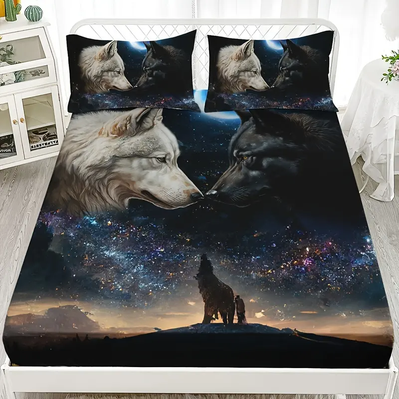 3PCS Polyester Wolf Stars Animals Fashion Fantasy Bedding Sheet Set - 1 Sheet + 2 Pillowcases Without Pillow Inserts, High-Definition Print, for Indoor Beds,Dorm Linens