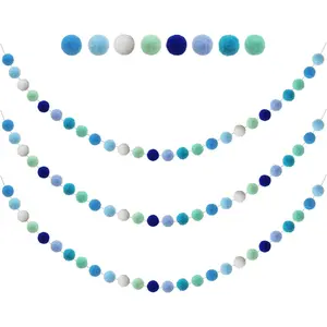 3PCS Blue Pom Pom Garland 6.5 Feet Long with 30 Balls for Party Home Decoration