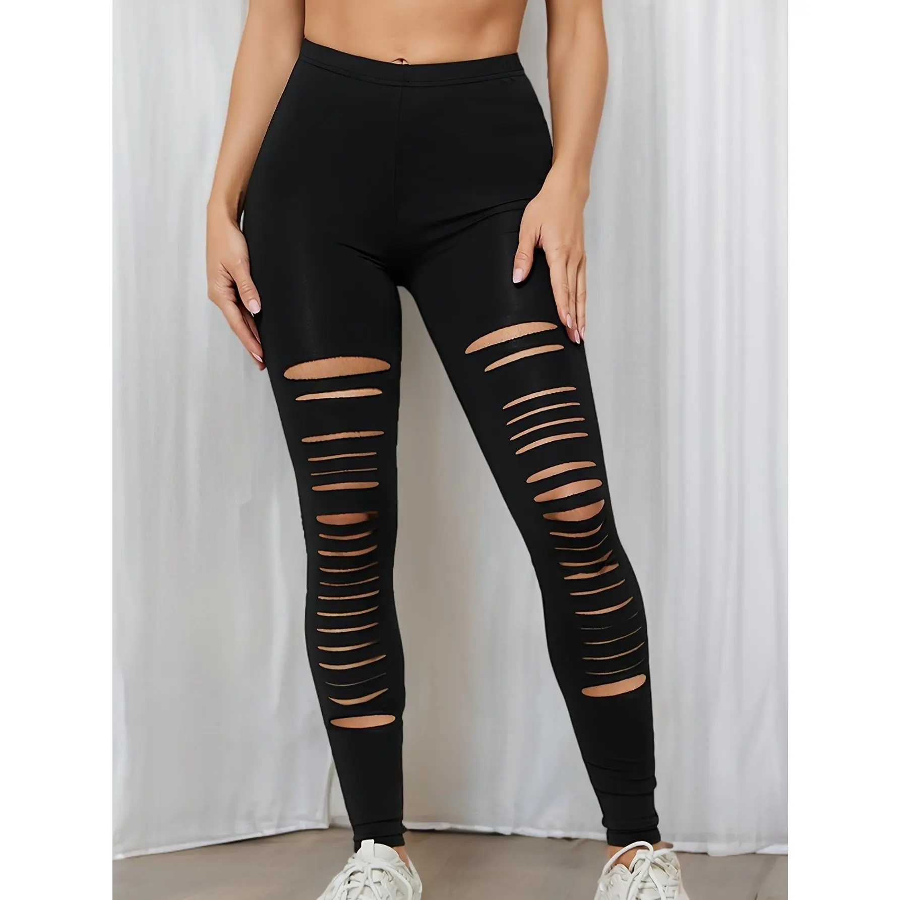 Women's High-Waisted Distressed Solid Leggings - Stretchy Knit Polyester-Spandex Fabric, Slim-Fit 9-Tenths Length with Ripped Cutout Details, Machine-Washable All-Season Non-Crop Bottoms for Lady's Workout & Casual Lounge Activewear (Pairable with Hoodie)