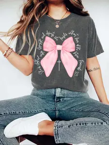 Women's Letter & Bow Print Round Neck Tee, Casual Long Sleeve Crew Neck T-shirt for Fall & Winter, Women's Top for Daily Wear