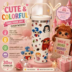 1 Pc 30oz cute cartoon character print with fun colorful elements, Happy Birthday gift design, double wall vacuum cup, leak proof lid, hot 12h cold 24h, large capacity thermal mug, skinny tumbler for hot cold drinks, gift for women men holi