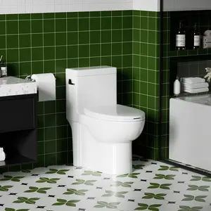 1.28 GPF Tornado Flush One-piece Toilet Elongated Siphonic Side Press Single Flush 17" ADA Comfort Chair Height Seat Soft Closing 1000g MAP Flushing Score Gloss White GW-003S