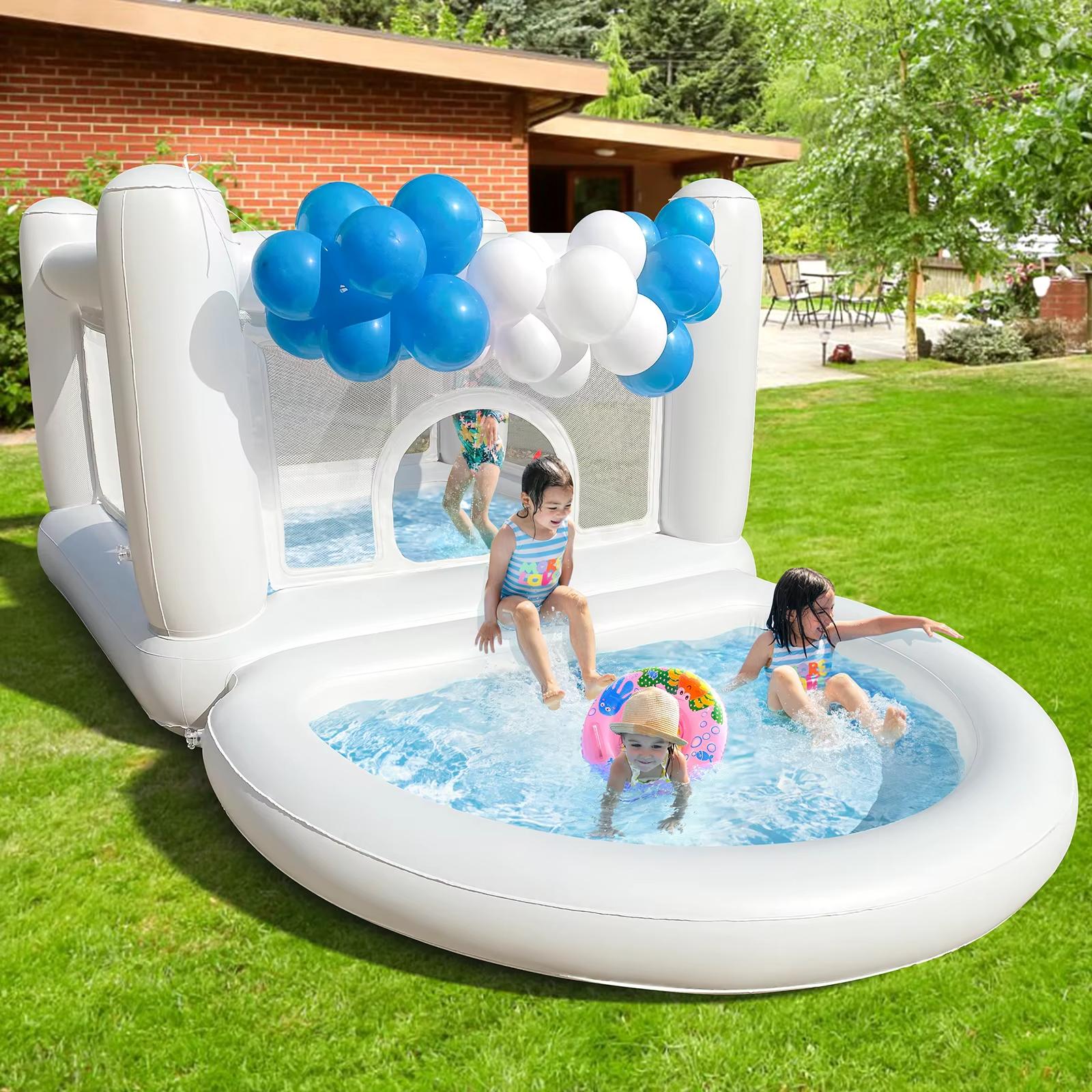 White Bounce House for Kids Indoor Bouncy Castle with Pump Toddler Bounce House PVC Waterproof Materials Easy to Clean Outdoor Toddler Toys White Bounce House With Ball Pit Indoor Playhouse Bouncy Castle  Outdoor Playhouse Inflatable Yard Decorations
