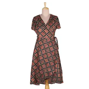 Novica Artisan Handmade Viscose Wrap Dress Bold Print From India Clothing Black Orange Printed Geometric 'Creative Fusion'