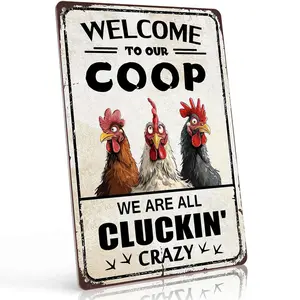 "Welcome to Our Coop - We Are All Cluckin' Crazy" 8x12 Inch Aluminum Metal Sign - Funny Chicken Lover Wall Decor for Coop, Patio, and Home - Retro Vintage Tin Poster with Three Chicken Illustration - Durable, Weatherproof, and Easy to Hang