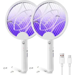 2-Pack Upgraded 3000V Electric Fly Swatter, Portable and Foldable Mosquito Zapper Racket, Rechargeable Bug Zapper with Improved Battery Life and USB Charging Cable for Indoor and Outdoor Use