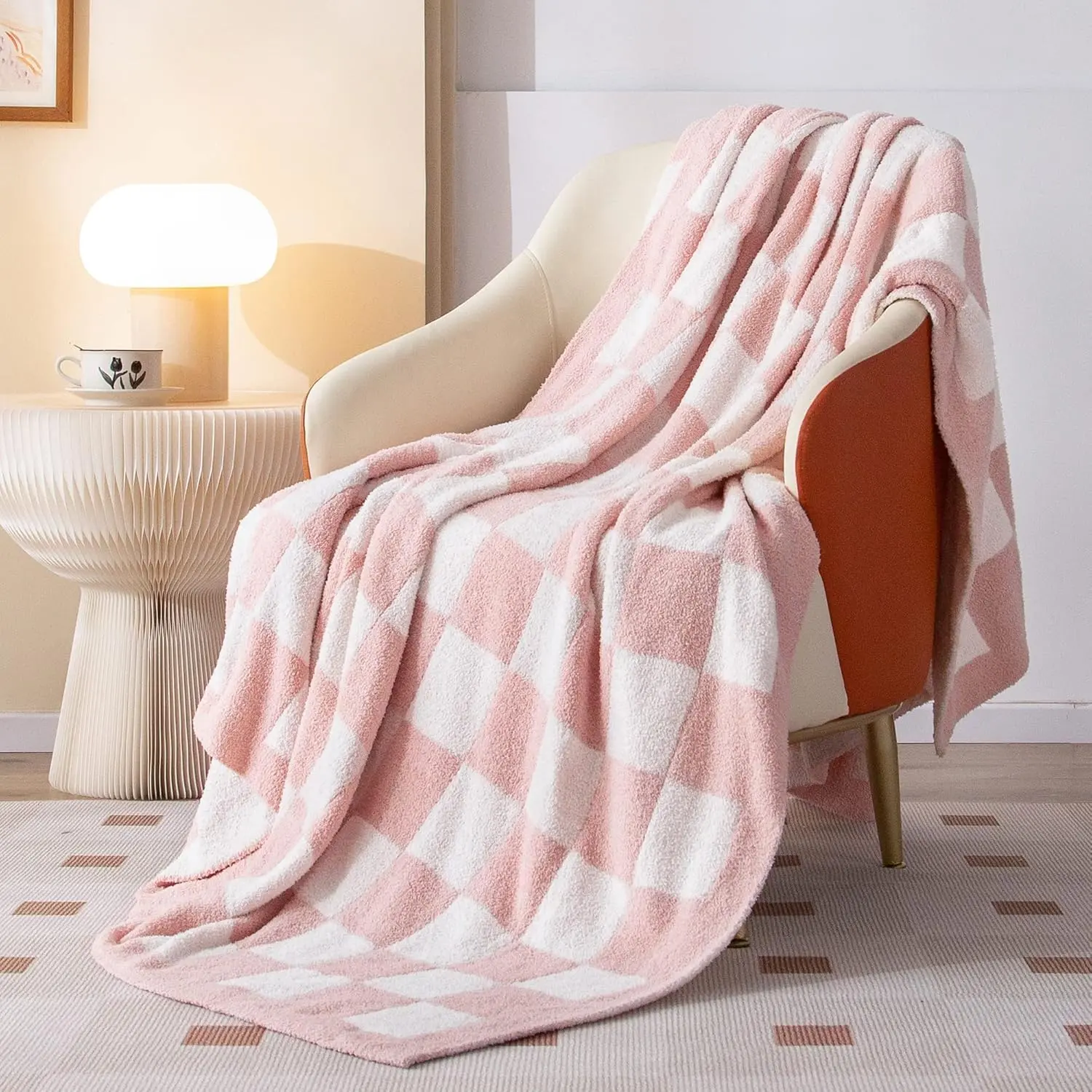 Checkered Throw Blanket, Soft Fluffy Fuzzy Blanket Reversible Checkerboard Pink Throw Blankets Warm Cozy Plush Knit Throw Blanket for Couch Bed Decor(Light Pink, 60"x79")