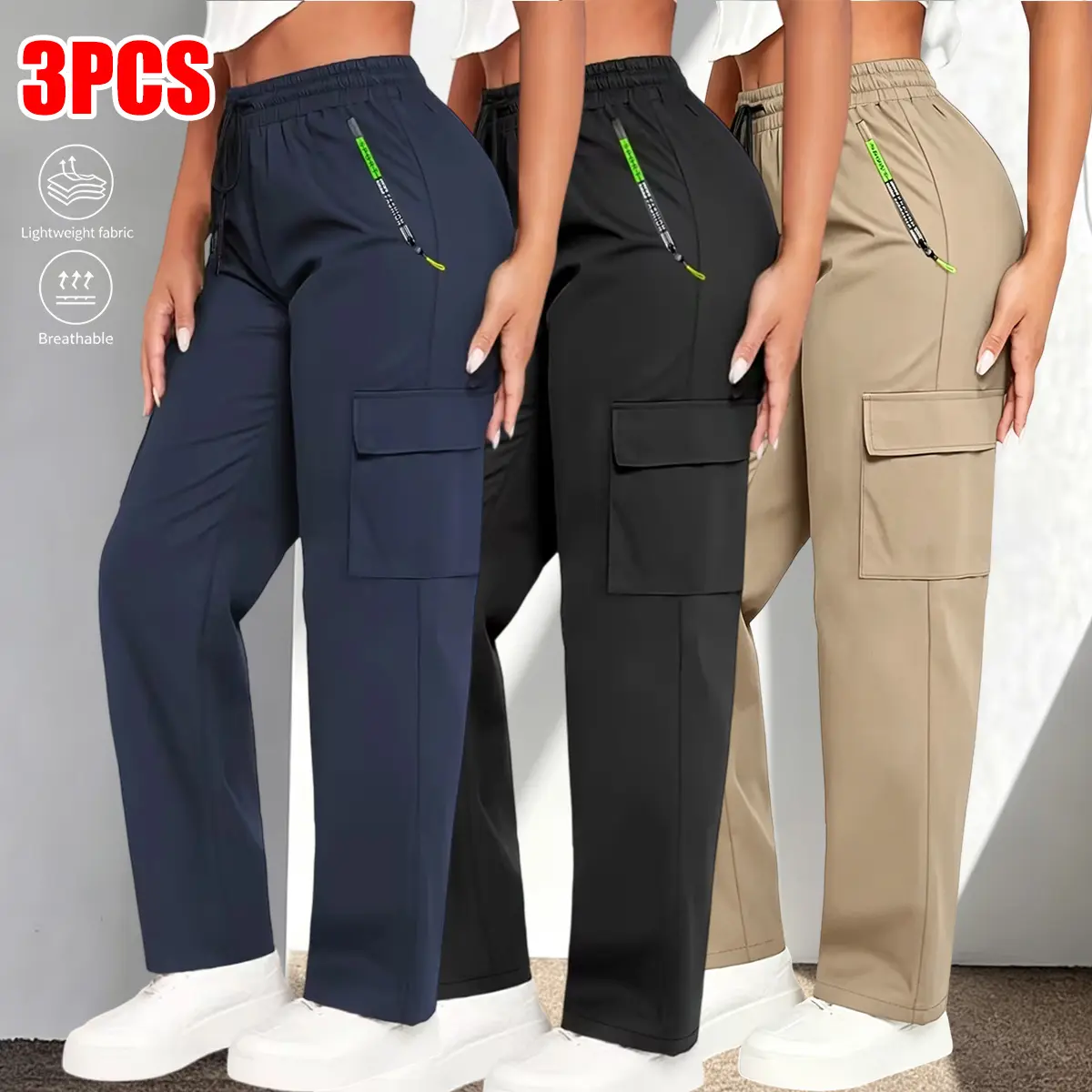 3-pack women’s cargo pants for spring/autumn, featuring zippered pockets, stylish large patch pockets, a drawstring elastic waistband, and casual outdoor long lengths—ideal for outdoor jogging and everyday wear. Women’s cargo long pants.