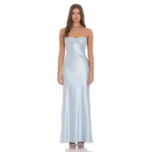 Sequin Bust Satin Maxi Dress in Light Blue