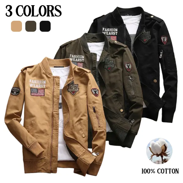 Men's Pure Cotton Embroidered Workwear Jacket with Ribbed Baseball Collar, Shoulder Patch Detailing, Multiple Pockets, Casual Outerwear
