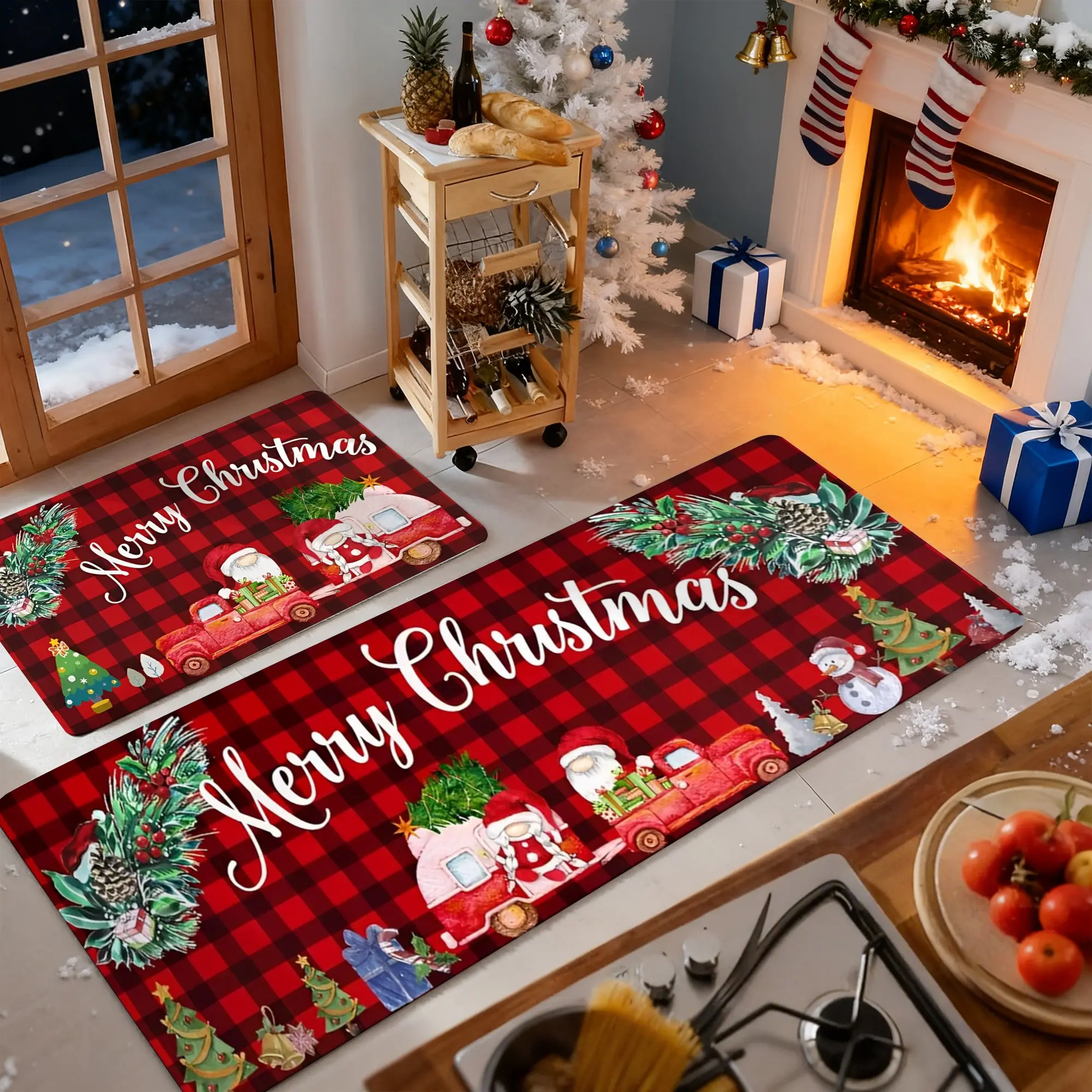 Christmas Themed 2-Piece Decorative Rug Mat Set - Checkered, Full Print, Heat Resistant, Anti-Slip Base, Includes Runner, Household Textile for Home Holiday Decor, Checkered Rug Cartoon Pattern Rug
