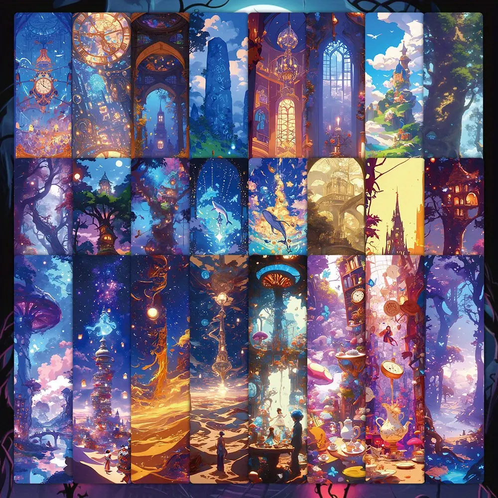 24pcs Magical Enchanting Imaginative Fairy Tale World Non Repetitive Series Simple Handheld Booklet Creative Paper Bookmarks Small Cards Book Decoration Cards Reading Label Cards Book Reading Stickers