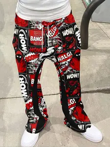 Men's Vintage Distressed Bell Bottom Pants, Luxury Print Graphics Drawstring Hip Hop Sportswear, 3D Soft Breathable Fabric, Casual Daily Wear