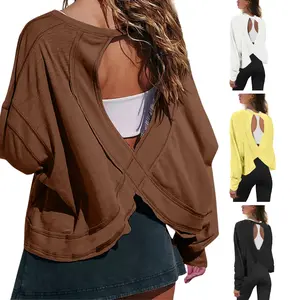 Molitree Women's Open Back Workout Top Long Sleeve Athletic Shirts Casual Crop Running Tee Y2k Yoga Fitted Cotton Spandex Blend Comfortable Fit