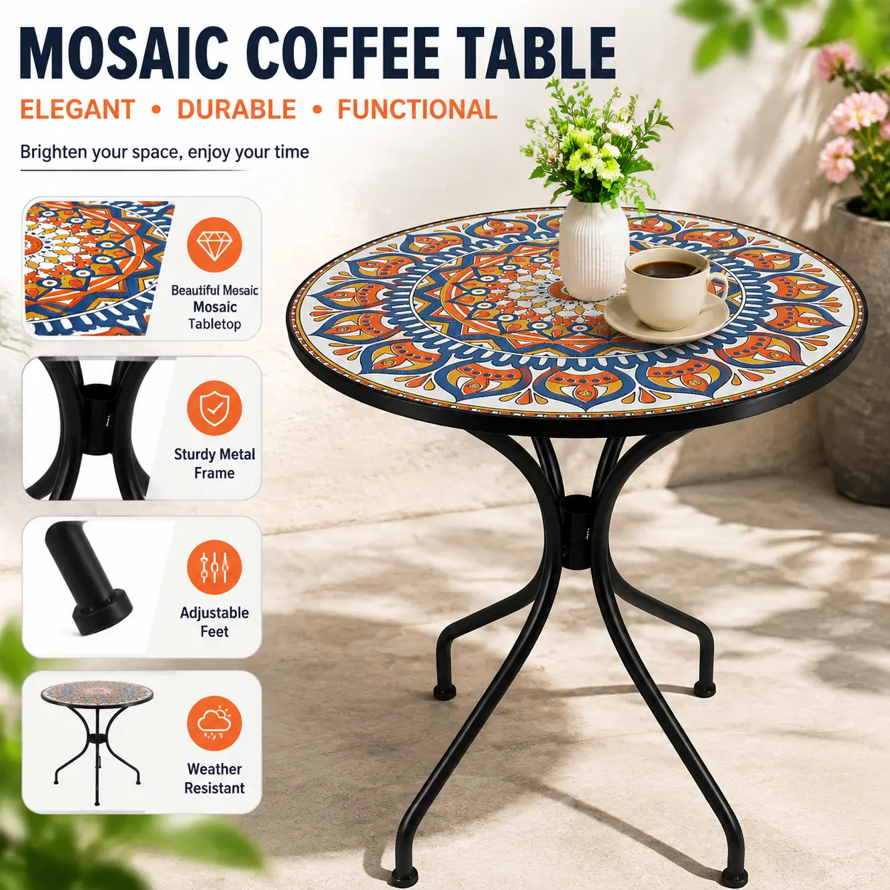 Artistic Vintage Handcrafted Boho Mandala Steel Mosaic Ceramic Coffee Table - Round Outdoor Patio Decorative Accent Table with Colorful Tile Top, for Garden & Indoor Living Room, Assembly Required