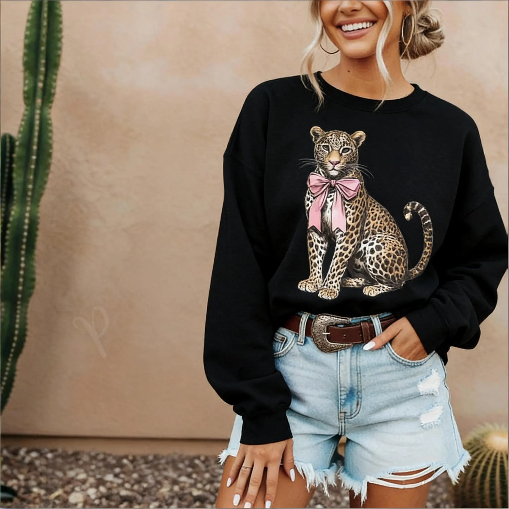 Bow Leopard Crewneck Sweatshirt & T-Shirt, Trendy Women’s Graphic Top, Cute Bow Leopard Print Casual Style Coquette Leopard Sweatshirt