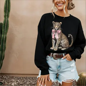 Bow Leopard Crewneck Sweatshirt & T-Shirt, Trendy Women’s Graphic Top, Cute Bow Leopard Print Casual Style Coquette Leopard Sweatshirt