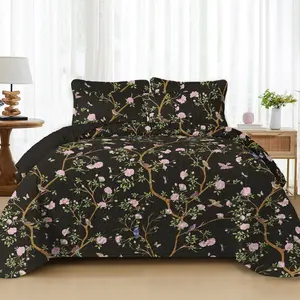 Midnight Chinoiserie Peony Garden Reversible Patchwork Quilt Set, Lightweight Boho Printed Bedspread Coverlet All Season Bedding Set with 2 Pillow Shams, Soft Microfiber King/Queen Size Bed Cover for Bedroom Decor