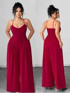 Elenzga Plus Size Women's Elegant Long Jumpsuits With Button Strap Pleated Waist Pants, Spring/Summer Women Jumpsuit Birthday Women Summer Clothing Women Plus Clothing Formal Women Jumpsuit Birthday