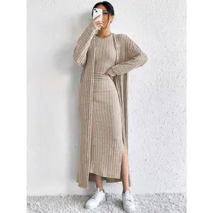 Women Purple Solid Color Ribbed Knit Long Cardigan & Sleeveless Dress 2pcs Set, Spring/Autumn Casual Fabric