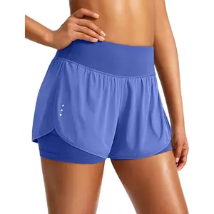 Women's 2 in 1 Running Shorts High Waisted Spandex Shorts Gym Yoga Workout Athletic Shorts for Women with Zipper Pockets