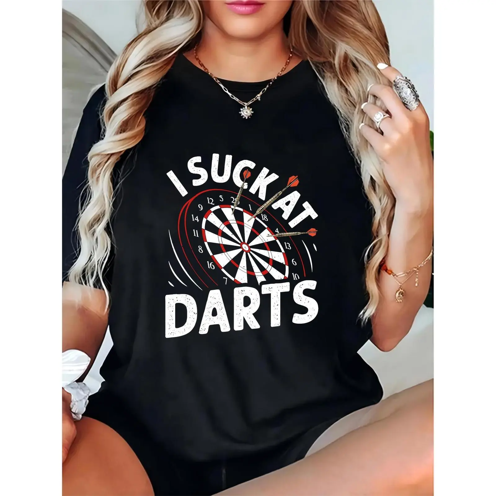 Women's Funny "I Suck At Darts" T - Shirt with Dartboard & Darts Graphic, Casual Game Night/Party Outfit for Dart Enthusiasts, Comfortable, Shortsleeve, Cotton, Prints, Essential, Basic, Elegant, Round Neck