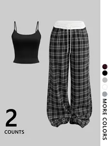 Two-Piece Set Women's Plain Crop Tank Top & All Over Plaid Print Pants, Casual Fashion Cozy for Daily Outdoor Wear, Ladies Clothes for All Seasons, Suits,Airport Outfit