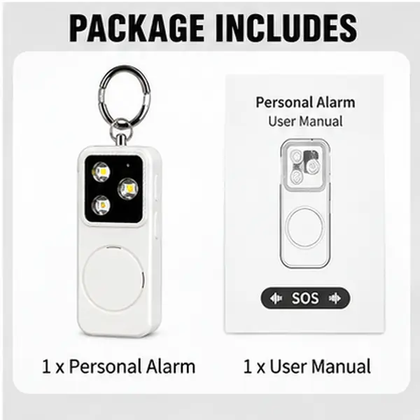 USB-C Rechargeable Personal Security Alarm Keychain with LED Lights, Plastic Body, Keychain Clip, 4 Lighting Modes, 500mAh Battery, for Night Walking & Hiking Everyday Carry, White