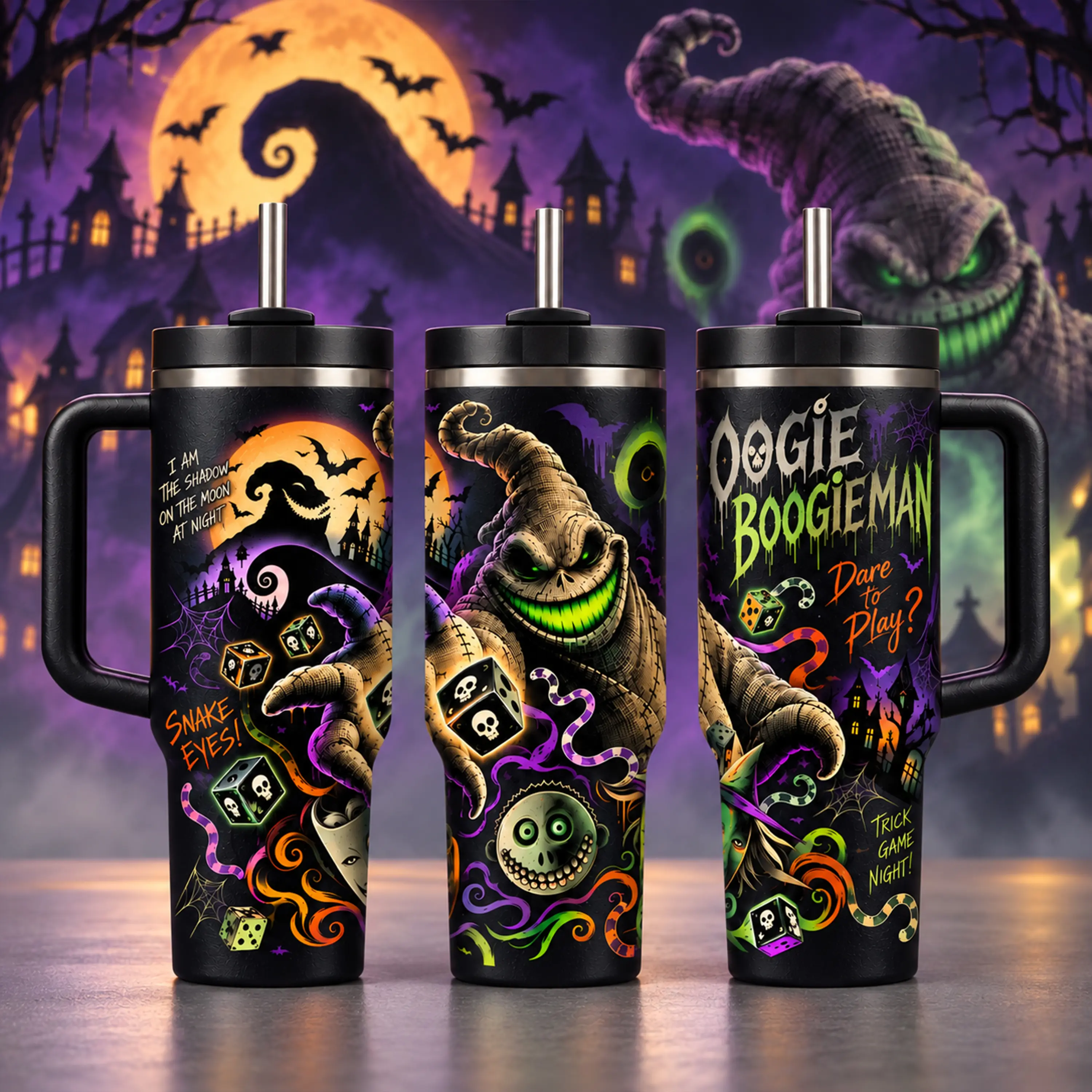 Oogie Boogie Gothic 40oz Stainless Steel Insulated Tumbler with Handle & Straw, Nightmare Fan Merchandise, Vacuum Travel Mug Gift for Horror Lovers, Halloween Gift
