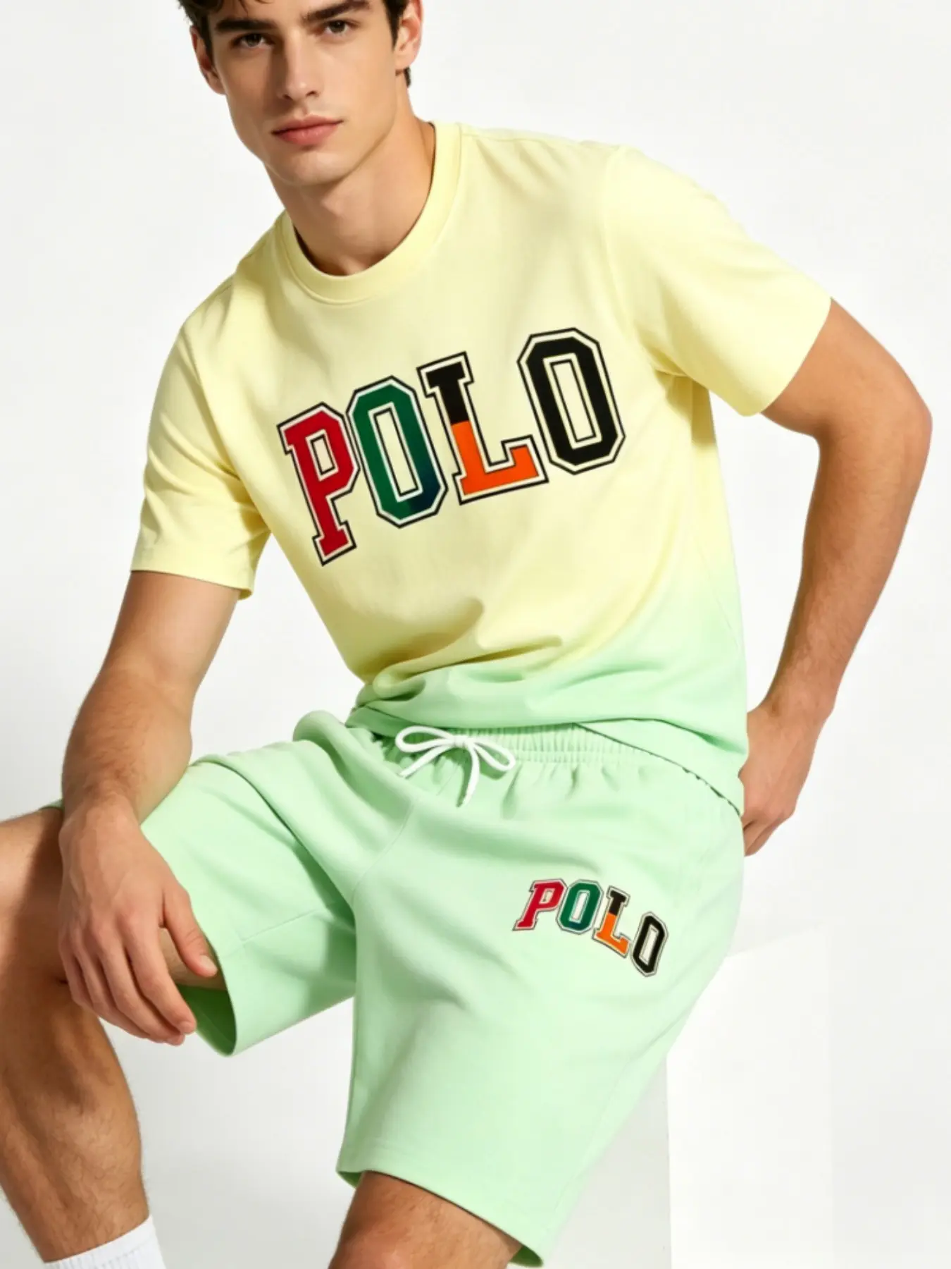 American Gradient Sports Set, Trendy Letter Print Short Sleeve Polo Shirt and Shorts Two-Piece Set, Casual Slim-Fitting