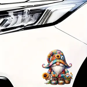 1PC Colorful Warm Patchwork Gnome Logo Decor Sticker For Car Components, Backpacks, Daily Items Patchwork Gnome + Sunflower + Flower Basket Themed Decor Fill With Pastoral Style Enthusiast's Warm Vibe Enhance Pastoral Cute Style Recognition