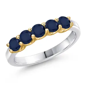 10K Two Tone Gold Blue Sapphire Wedding-Bands Ring For Women | 1.10 Cttw | Round 3.5MM | Gemstone September Birthstone