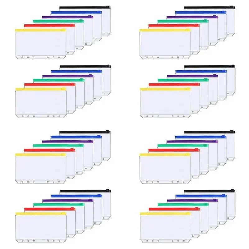 48Pcs A6 6-Hole Binder Pocket Waterproof PVC Budget Envelopes Zipper Binder Pouches for Notebook Planner Journey Binders