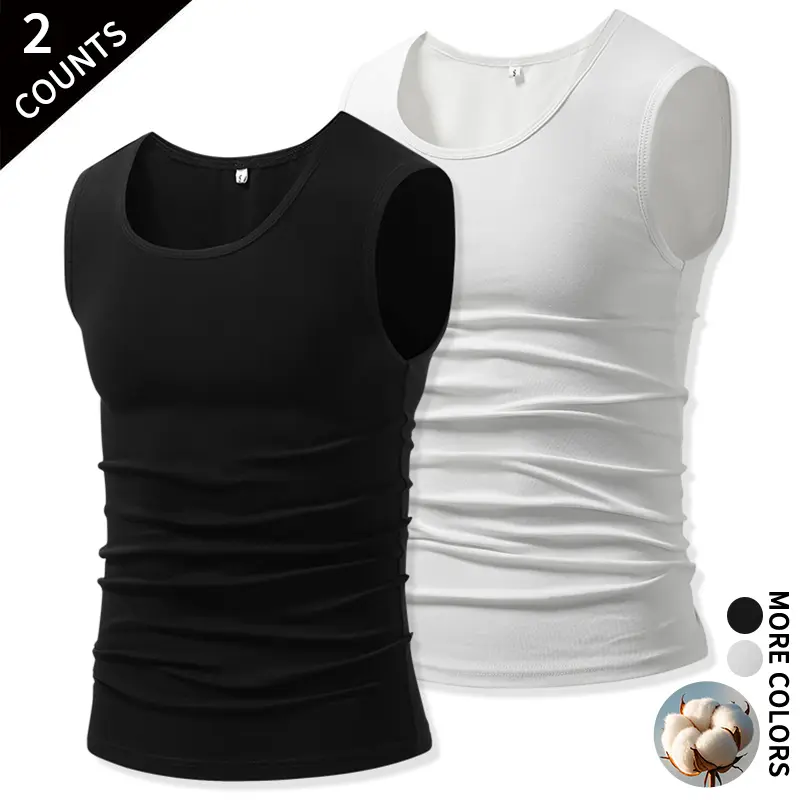Men’s Plain Quick-Dry Slim-Fit Cotton U-Neck Sports Vest Set, Skin-Friendly Outdoor/Athletic Undershirt for Layering Under Shirts, Ideal for Hiking/Light Outdoor Short Trips