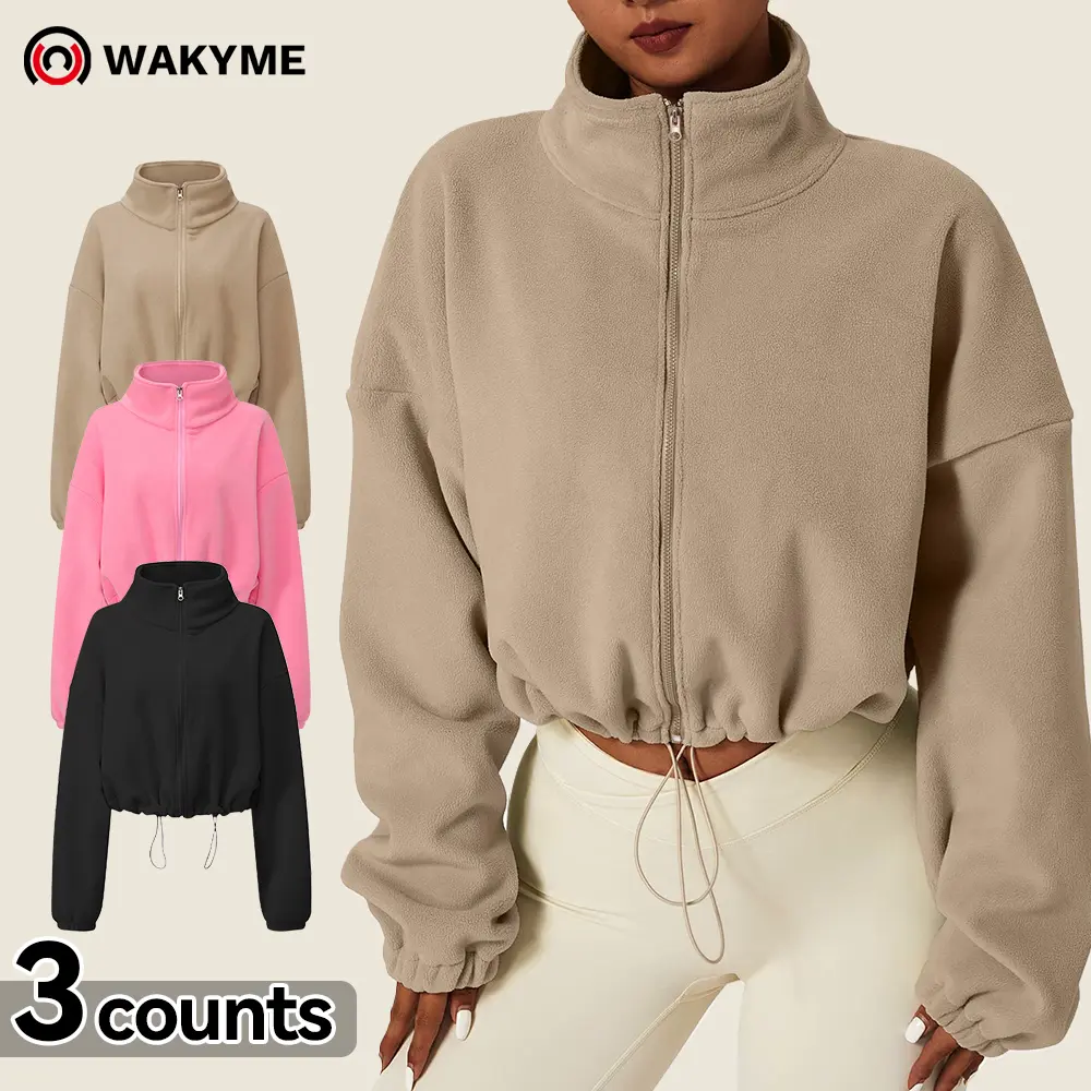 Women’s Adjustable Drawstring Fleece Zip-Up Jacket – Soft, Sporty Casual Crop Top for Streetwear & Everyday Wear