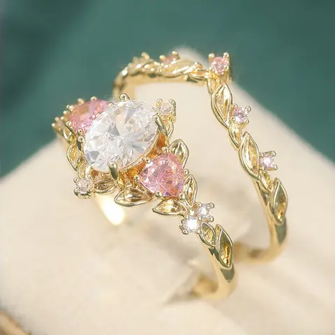 2 Pcs/ set Retro Elegant Pink Synthetic Zircon, Ladies' Engagement Proposal Gift, Jewelry, Elegant Fashion Rings, Beautiful Rings