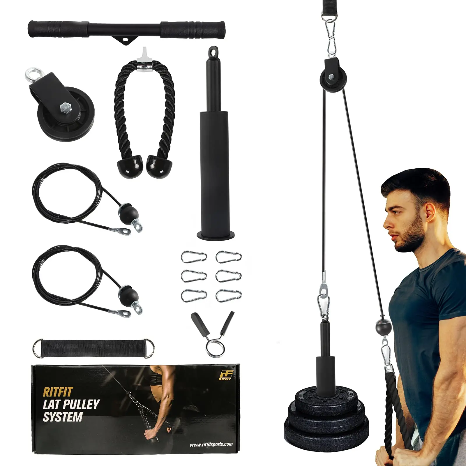 RITFIT Pro Lat Pull Down & Lift Pulley System Home Gym Kit, Heavy-Duty Home Gym Equipment with Fixed Handle, Dual Alloy Cables, Tricep Rope, Straight Bar, 330lb Capacity, Versatile Strength Training, Easy Assembly & Use for Upper Body Workouts