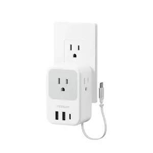 TESSAN USB C Charger Block, Multi Plug Wall Outlet Extender with 3 USB, Retractable USB-C Cable, 3 Side Multi Port Adapter for Cruise, Bathroom, Office, Dorm Essentials