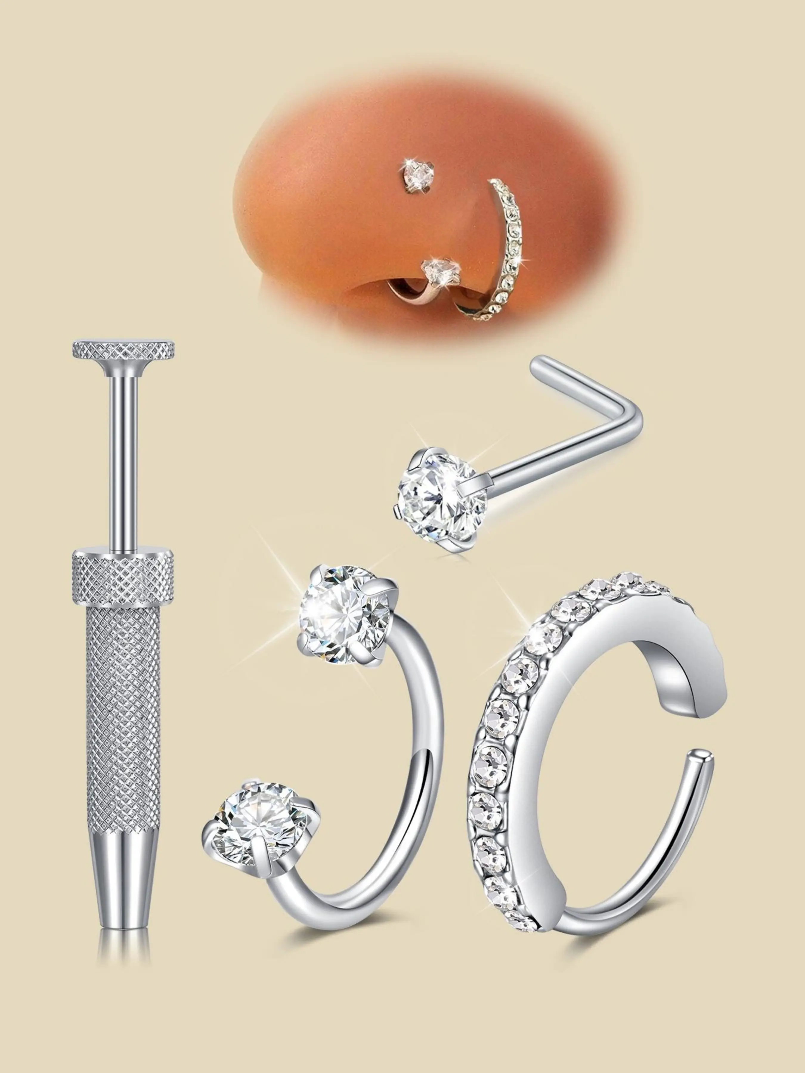 16G Horseshoe Nose Ring, Cubic Zirconia Nose Ring, Stainless Steel Heart-Shaped Tragus Cartilage Earrings, Ear Helix Jewelry, Double Gemstone Nose Piercing Jewelry for Women, Spiral Nose Ring, Helix Pierced Ring
