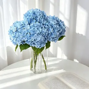 3Pcs Real Touch Long Stem Hydrangea Artificial Flowers - Iron-Supported, Rubber-Coated, with Leaves & Wooden Roses, Latex Faux Ornaments for Vase, Wedding Decor, Casual Home Arrangements