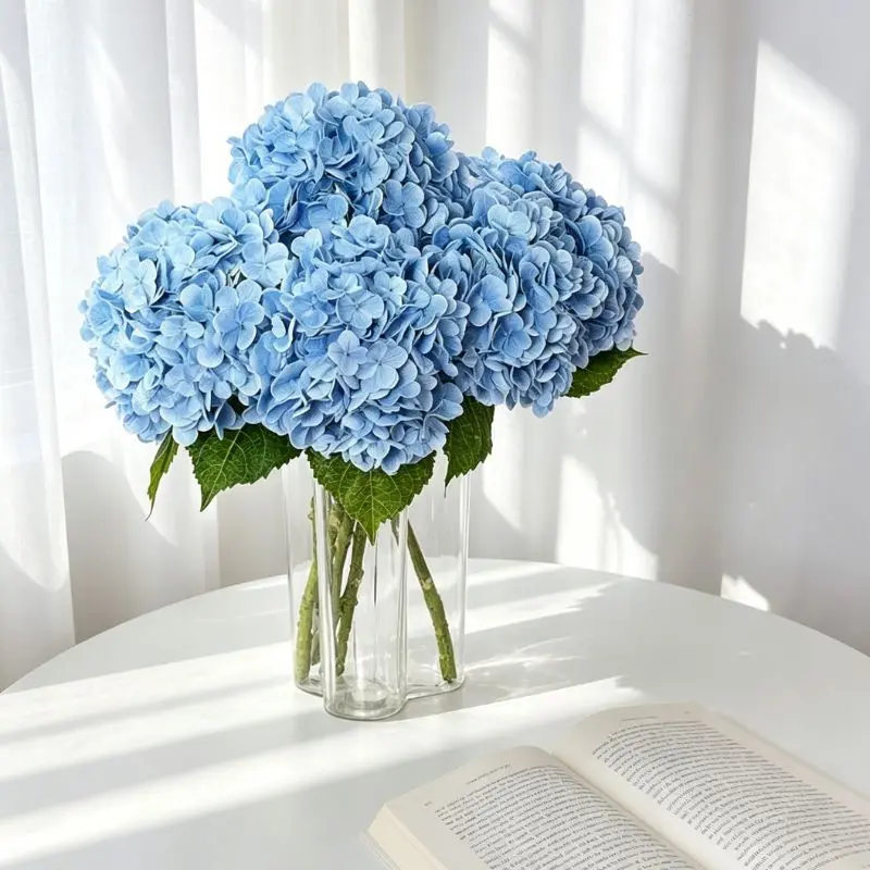 3Pcs Real Touch Long Stem Hydrangea Artificial Flowers - Iron-Supported, Rubber-Coated, with Leaves & Wooden Roses, Latex Faux Ornaments for Vase, Wedding Decor, Casual Home Arrangements