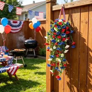 Tricolor patriotic artificial hanging flowers, Floral hanging decoration, Artificial flowers, patriotic flower wreaths, July 4th decorations artificial flowers and plants, for home garden yards, Artificial Flower Set
