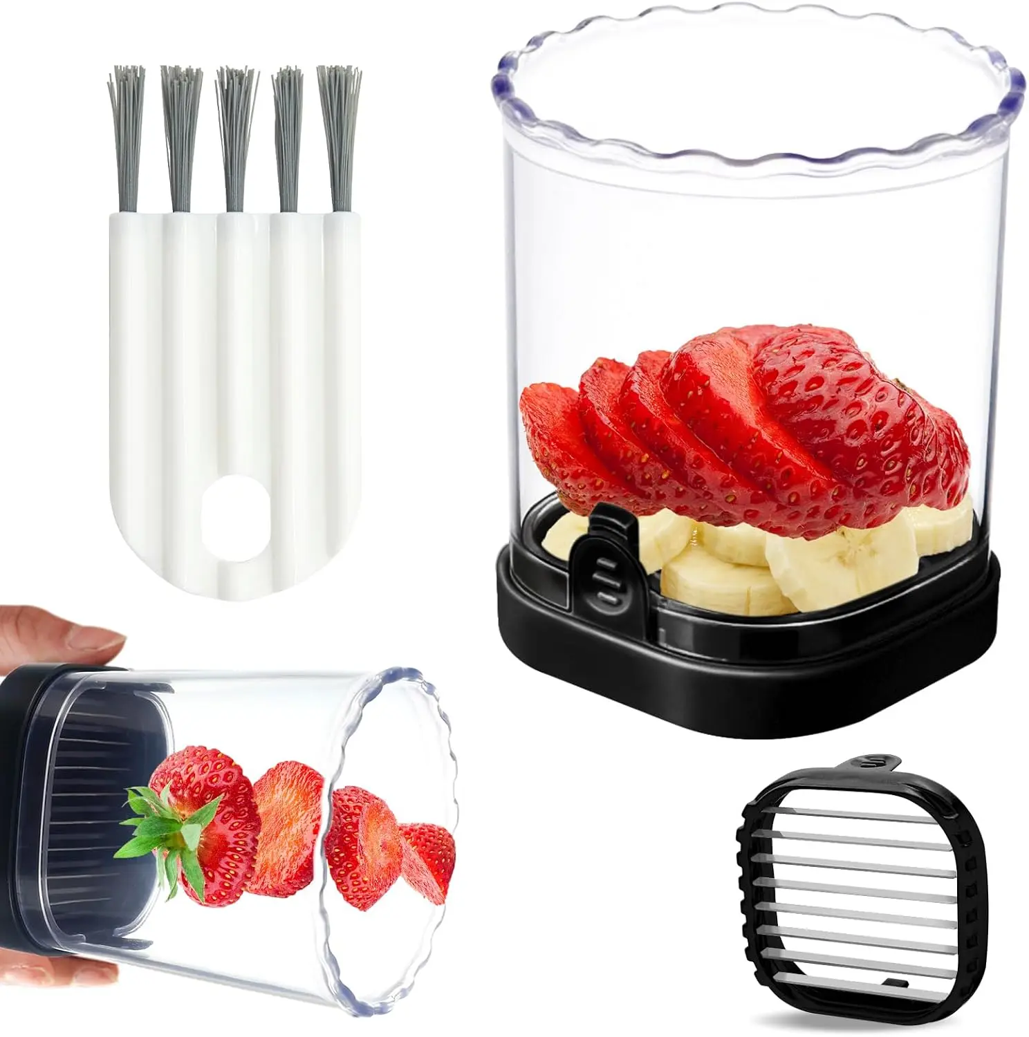 Stainless Steel Square Fruit & Vegetable Slicer Cup - Portable Home Use Kitchen Utensil, Detachable Quick Slicing Tool for Kiwi, Strawberries, Egg, Banana (Black, Transparent)