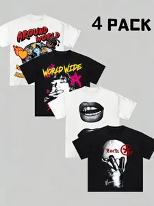 Men's Casual 4-Piece Short Sleeve T-Shirt Set, Street Style, Geometric Prints, Loose Fit, Soft Comfortable Fabric, Streetwear, Menswear