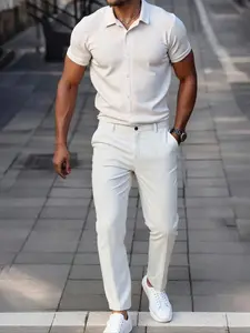 Men's Two-Piece Set, Short Sleeve Shirt & Long Pants, Casual Button Collar, Comfortable Summer Wear, High-Quality Leisure Clothing, Outfits