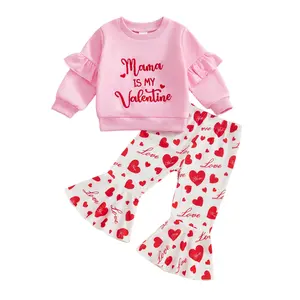 Toddler Baby Girls Valentines Two Piece Outfit Mama is My Valentine Ruffled Sweatshirt Tops Heart Print Bell Bottoms Flared Pants Spring Clothes