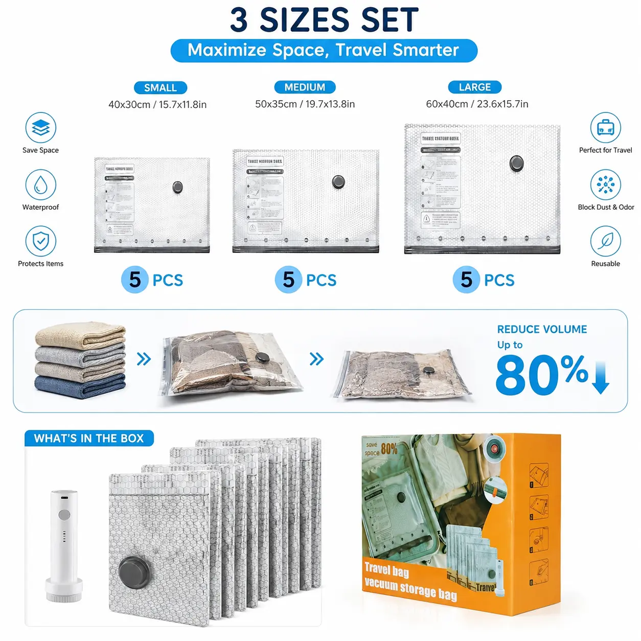 Vacuum Bags for Travel with Cordless Rechargeable Air Pump, 9/15/18 Pack Compression Packing Bags for Carry-On Luggage & Suitcase, Airtight Space Saving Storage Bags for Clothes, Luggage Organizer & Travel Essentials