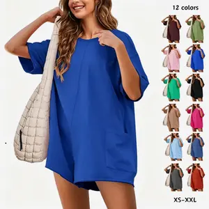 UANEO Women Casual Short Sleeve Oversized Rompers Back V Neck Reversible Athletic Workout Hot Shot Tee Jumpsuits With Deep Pockets Summer Vibes Basic Activewear Womenswear